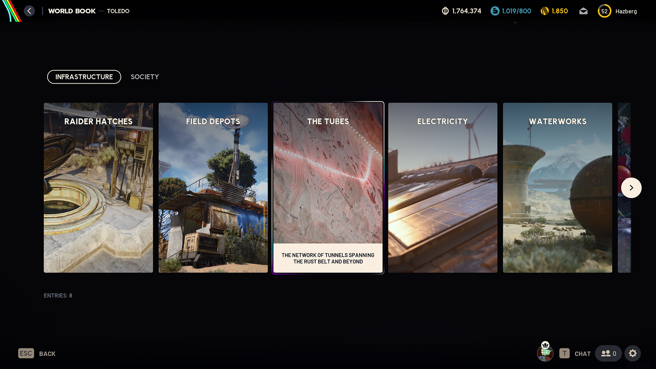 The Codex category screen shows a horizontal row of tabs with the names of each category. Underneath is a row of Entry Cards for the selected category, each with a background image, title and text description that appears when a card is selected