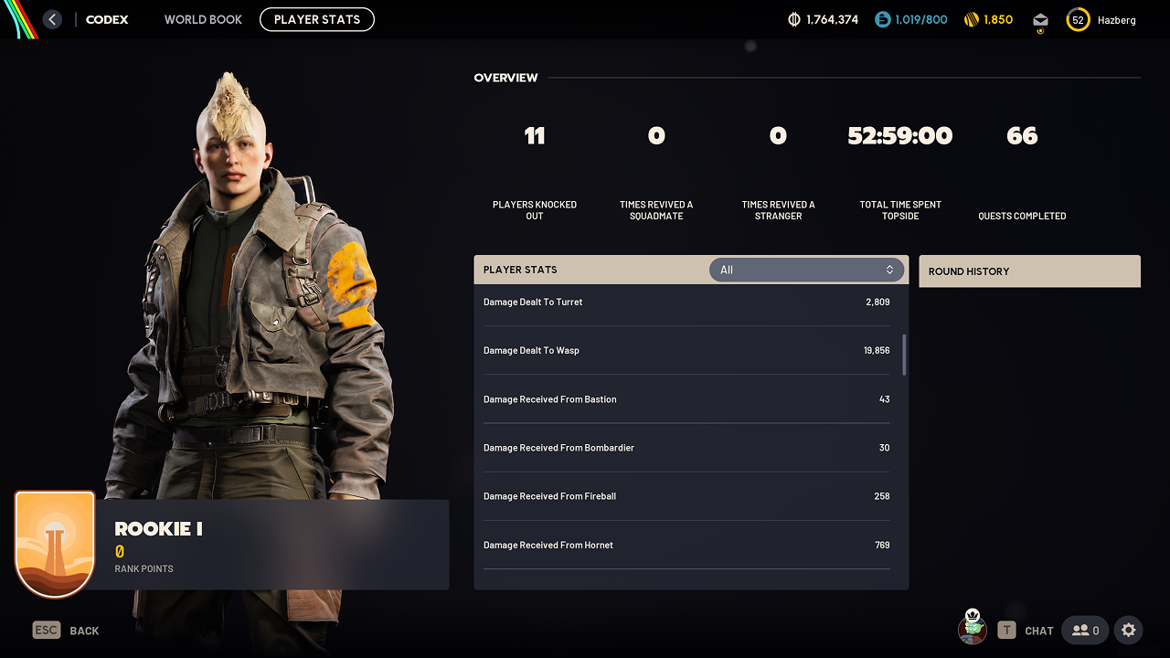 The Player Stats screen. The player's character is standing on the left with their Mastery Rank badge. The right side shows a breakdown of all the telemetry data collected from rounds played such as PvP kills and damage received from different enemy types.
