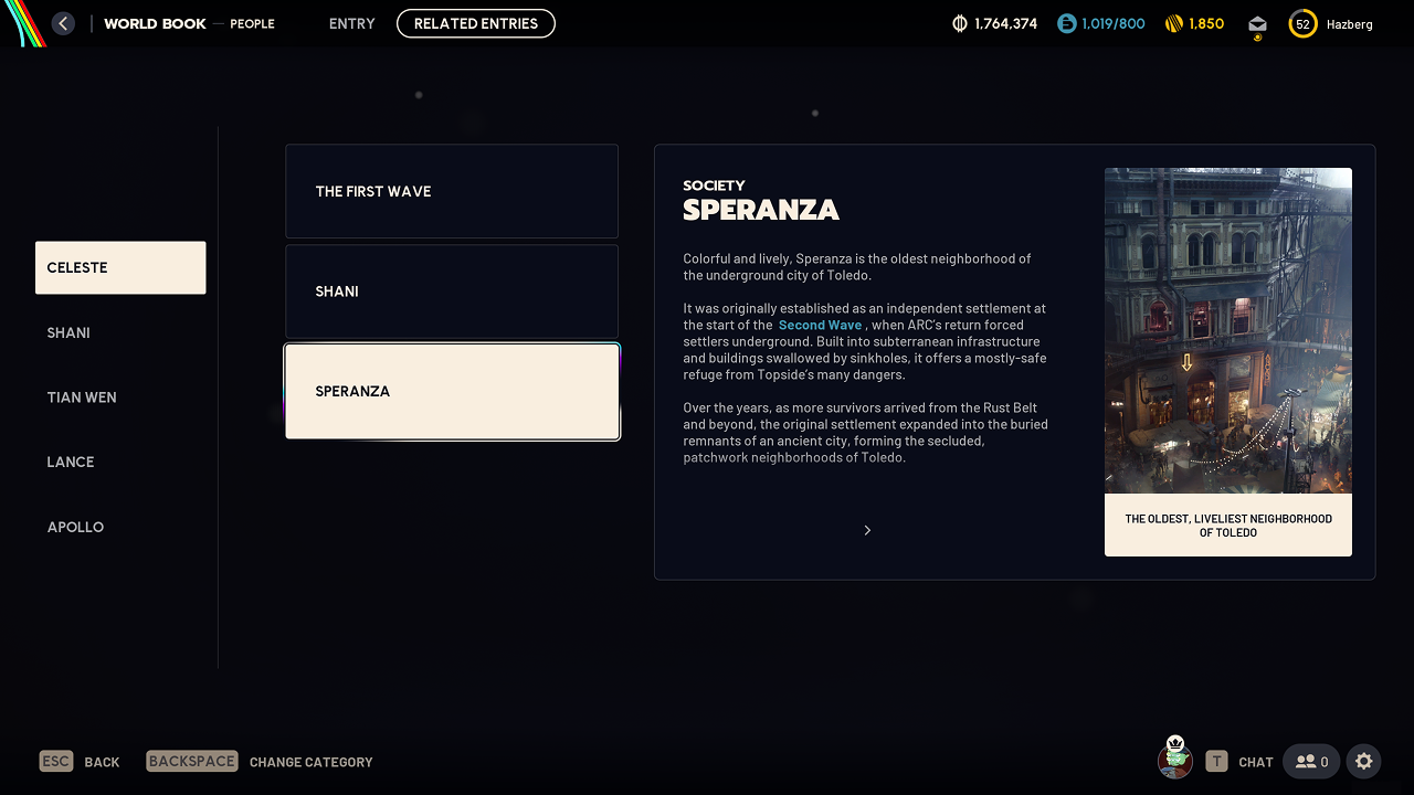 The Related Entries screen. The left half contains a list of clickable Entry names and the right half shows a text summary of the focused Entry with a button to go to the full Entry screen