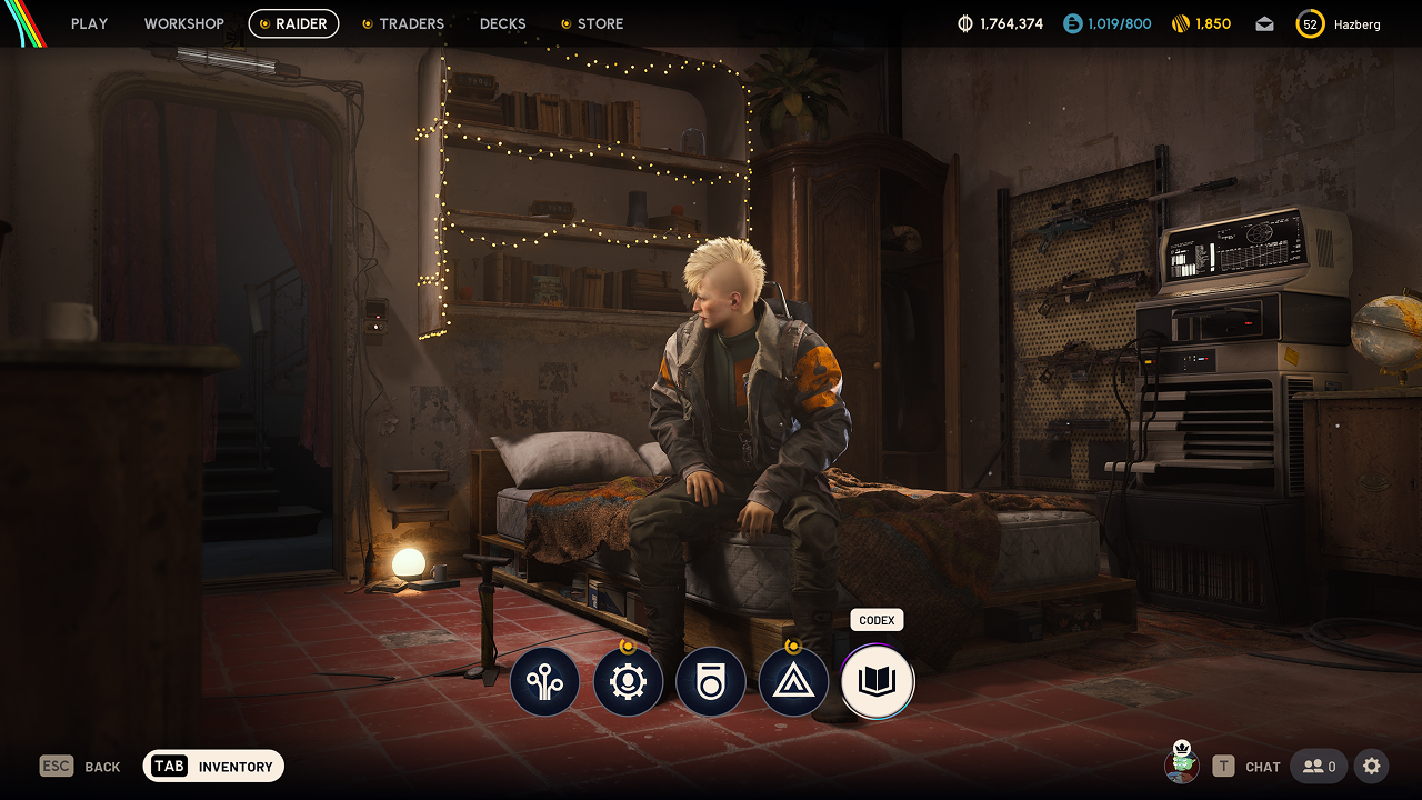 A 3D environment showing the player character sitting on their bed in the Hideout. A 2D navigation overlay along the bottom of the screen shows 5 buttons and the right-most button for Codex is focused