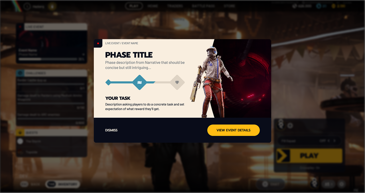 A modal popup explaining that the active Live Event has moved to a new phase. It shows the new phase title and describes the new task for players to complete with buttons to dismiss or to view the Event detail screen.